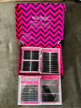 MilyBest Pink Eyelash Extension 4 trays D curl full thick black clusters TikTok